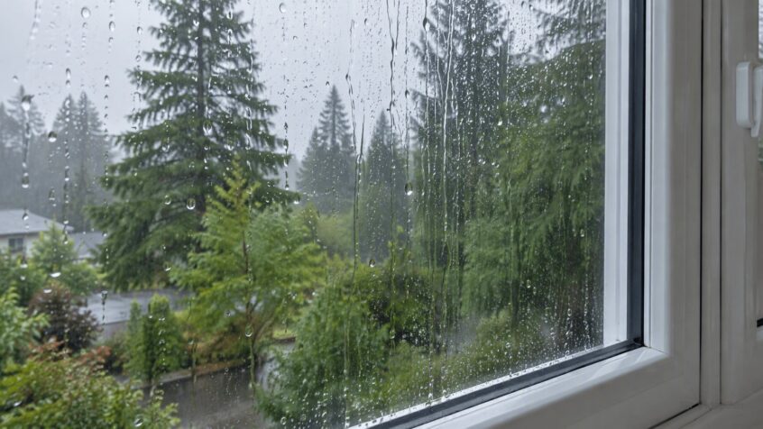Close-up of a window leaking in heavy rain on a white vinyl frame, with blurred West Coast trees beyond